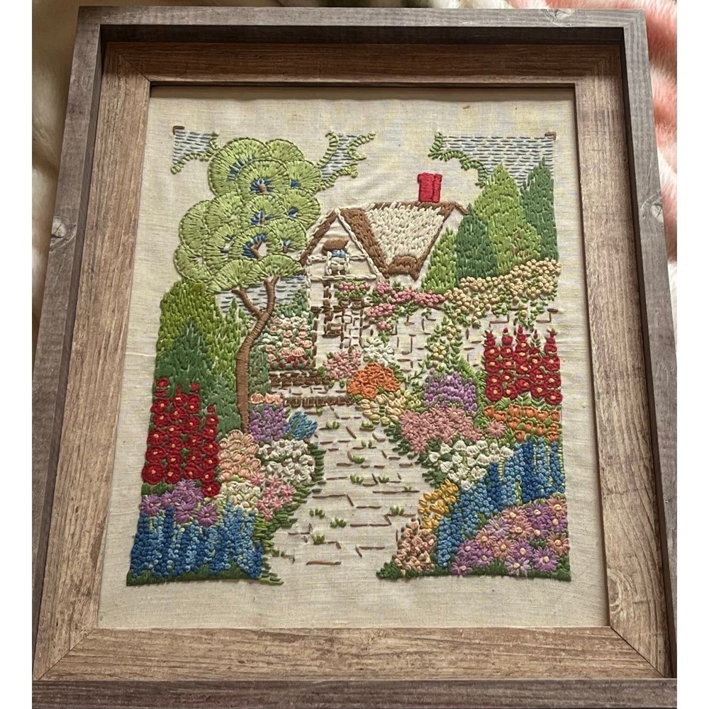 Newly Framed Antique Crewel English Cottage Embroidery Piece